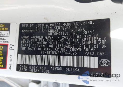 2014 Toyota Camry Xle z USA, uszkodzony, nr VIN 4T4BF1FK2ER344825